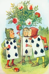 Hrací karty malují růžový keř, ilustrace z knihy „Alenka v říši divů“ od Lewise Carrolla (1832-9)